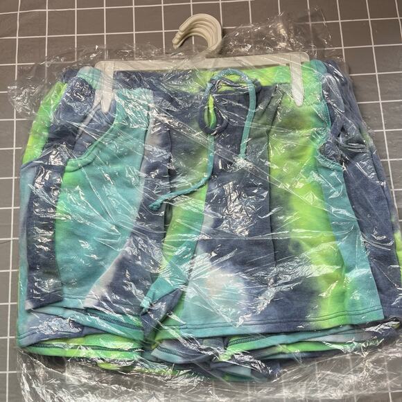 Blue Green Multicolor Tie Dye Summer Elastic Waist String Sweat Shorts Large NWT - Picture 10 of 12